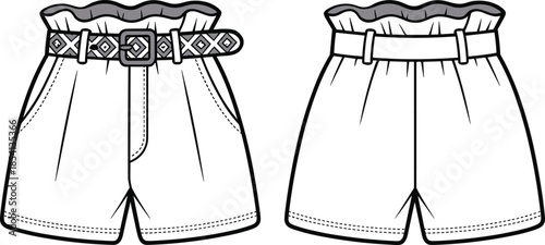 Women paperbag waist shorts front and back view vector illustration with belt fashion apparel technical flat sketch isolated design template