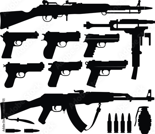 Set of black silhouettes representing various military weapons including assault rifles handguns pistols ammunition and grenade