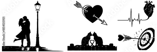 Romantic Streetlight Kiss and Cupid Target Vector Silhouette Set