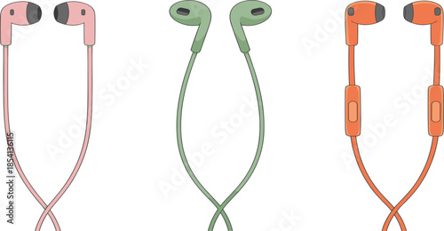 Set of colorful wired earphone icons in pink, green and orange for music and mobile audio