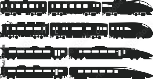 Set of black silhouettes representing various modern high speed trains and passenger railway carriages vector illustration