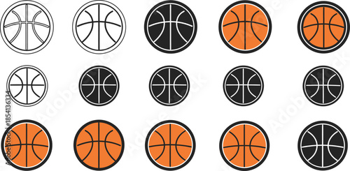 Assortment of Basketball Icons in Circles with Black and White Outlines Keywords: basketball, ball, icon, symbol, circle, outline, black, white