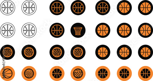 Assortment of basketball icons with globes and nets in circular designs sport game