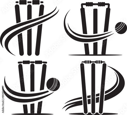 Set of cricket stumps and bails with a sweeping curved line representing a ball in motion Silhouette Vector, Black and White Illustration