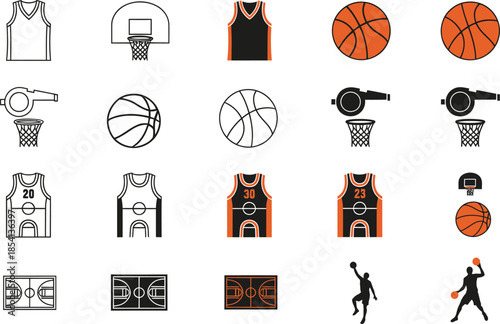 Basketball equipment and player icons including jerseys hoops and court sport game