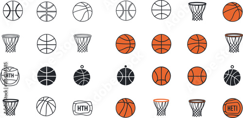 Basketball icons and symbols with balls hoops and emblems Keywords: basketball, ball, hoop, basket, emblem, logo, tag, shoe, sneaker, trophy, cup
