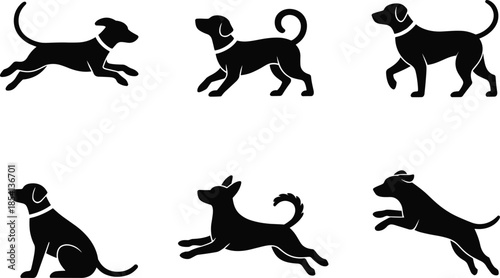 Set of black silhouettes representing dogs in various poses like running, jumping, sitting and walking vector