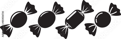 Set of Wrapped Hard Candy Silhouette Vector Illustration, Black and White Sweet Icon