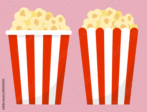 Set of two striped bucket of salty popcorn in cartoon style. Cinema food, snack pack, fast food, movie theater concept. Vector illustration isolated on pink background