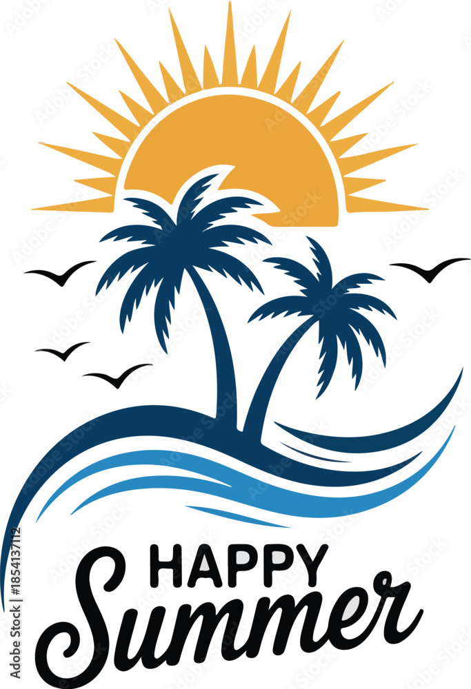 Obraz premium Happy Summer Flat Vector Logo Design Featuring Palm Trees Ocean Waves Sun and Flying Birds Isolated on White