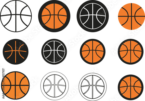 Collection of Twelve Basketball Icons in Various Styles and Colors sport game