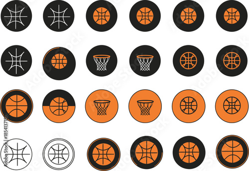 Diverse set of basketball icons featuring balls nets and abstract designs sport game