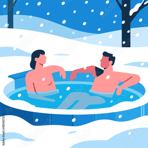 Relaxed couple bathing in outdoor hot tub for Local winter adventure concept in snowy nature background