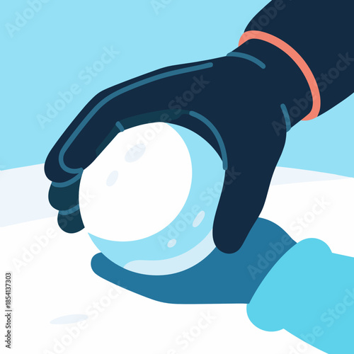Hands in mittens shaping snowball close up for Snowball Fights and Fun concept on light blue background