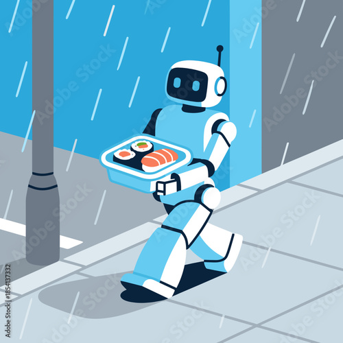 Isometric AI robot courier delivering sushi tray for Autonomous Delivery Systems Drones Robots concept on rainy city street
