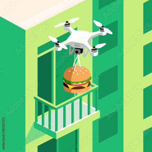 Isometric autonomous drone delivering burger to apartment balcony for Autonomous Delivery Systems Drones Robots concept on green building background