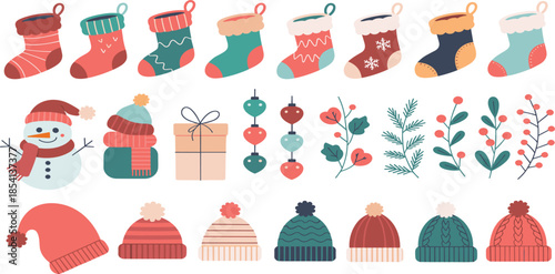 Set of colorful Christmas holiday icons featuring winter hats stockings snowman and decorative festive botanical elements