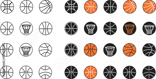 Grid of Twenty- Four Basketball and Hoop Icons in Multiple Styles sport