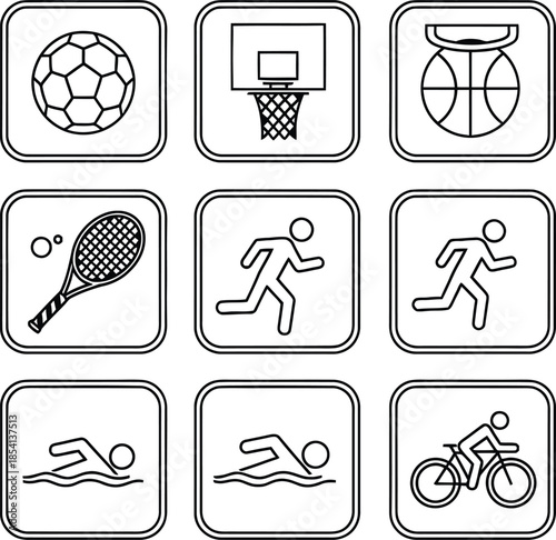 Sports Icons Featuring Soccer Ball Basketball Hoop Tennis Racket Runners Swimmers and Cyclist Keywords: soccer ball, basketball hoop, tennis