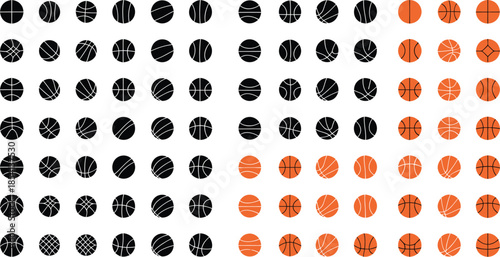 Large collection of basketballs in black and orange on white background Keywords: basketball, ball, sport, game, competition, round, sphere