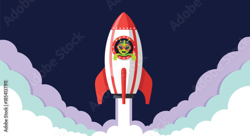 Cute cartoon alien pilot inside a retro rocket ship blasting off into a starry night sky with clouds.