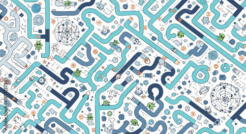 Intricate maze of interconnected pipes and whimsical characters creates a complex network of pathways.