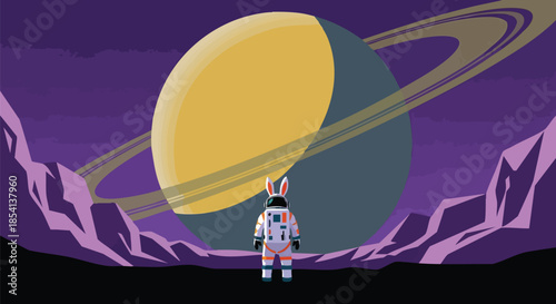 An astronaut in a whimsical bunny suit stands on an alien planet, gazing in awe at a magnificent, ringed gas giant dominating the vibrant purple cosmic sky.