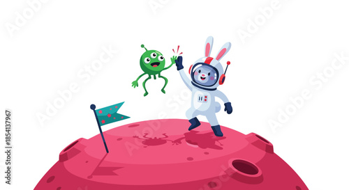 An adorable alien and a cute astronaut rabbit celebrate a successful space mission with a high-five on a distant red planet, symbolizing friendship and discovery.