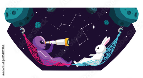 An alien and a rabbit relax in hammocks suspended between moons, observing distant constellations through a telescope in the vastness of space.