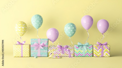 Gift boxes and balloons in pastel shades on a yellow background