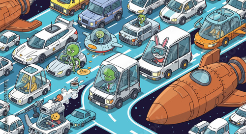An imaginative isometric illustration captures a bustling intergalactic traffic jam, where quirky alien drivers and unique vehicles navigate a cosmic highway.
