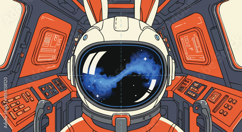 A stylized astronaut in an orange and white suit, featuring rabbit ears, pilots a spaceship while observing a beautiful nebula in their helmet's reflection.