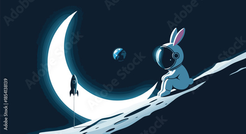 A whimsical astronaut bunny sits on the moon, observing a rocket launch with Earth visible in the vast, serene cosmic expanse.