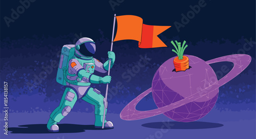 A determined astronaut plants a bright flag on an alien world where a carrot sprouts, representing humanity's pioneering spirit and future endeavors in space.