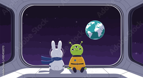 An astronaut bunny and a three-eyed alien friend sit in a spaceship, peacefully observing Earth through a window against a starry cosmic backdrop.