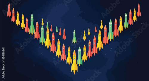 A vibrant formation of colorful rockets ascends in a V-shape against a dark starry sky, symbolizing progress and exploration.