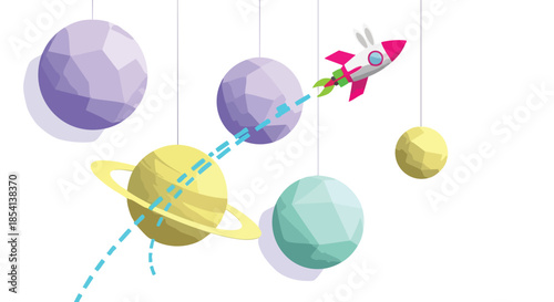 A playful cartoon rocket ship soars past colorful geometric planets and moons in a whimsical celestial scene.