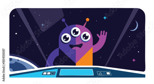 Friendly three-eyed alien waves hello from a spaceship cockpit against a starry night sky.