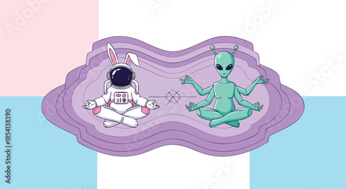 An astronaut with bunny ears and an alien meditate together on a purple mat, symbolizing peace and cosmic connection.