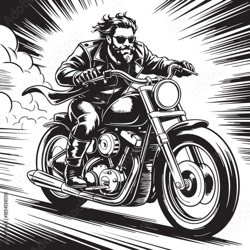 Monochrome illustration of a bearded biker riding a motorcycle with movement lines, wearing a leather jacket and sunglasses, embodying freedom and adventure
