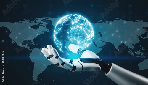 Robotic Hand Holding Glowing Digital Earth Globe Over World Map Futuristic Technology Concept