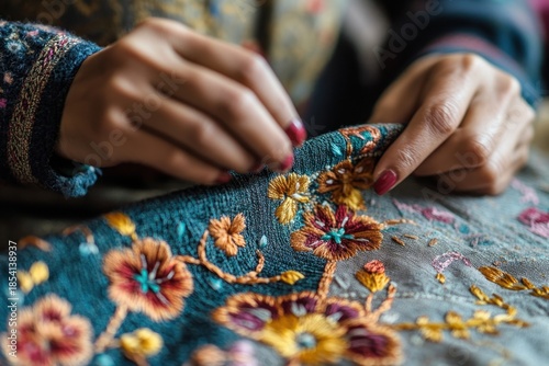Skilled hands create intricate embroidery on colorful fabric in traditional setting