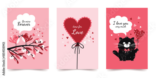 A set of greeting cards for Valentine's Day, weddings, and birthdays, designed in a hand-drawn style for a romantic occasion. Vector design.