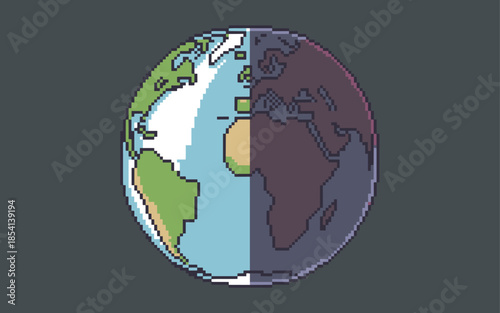 Vibrant pixelated globe showcasing contrasting day and night sides