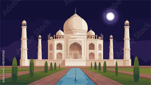 The Taj Mahal at night with a full moon shining bright