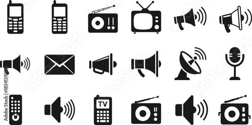 Communication device icons, media technology, black silhouette, mobile phone, microphone, satellite dish, speaker, envelope, remote control, broadcast tools, digital