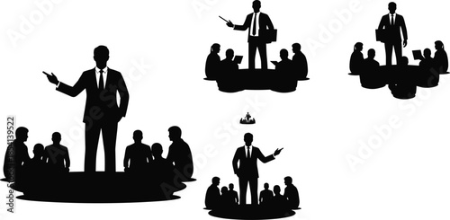 Silhouette of business leader presenting to team, corporate meeting, black illustration, teamwork, communication, formal attire, collaboration, instruction, strategy
