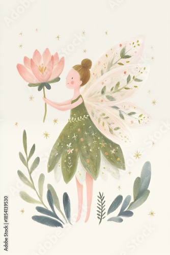 fairy holding a pink flower surrounded by leaves