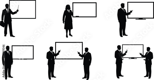 Silhouette of business people presenting, teaching with whiteboards, formal attire, professional training, vector illustration for education and corporate use