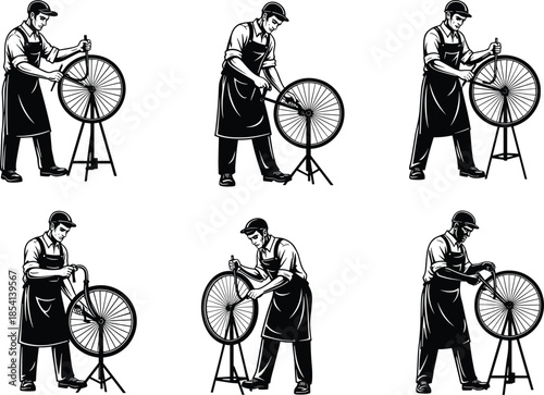 Silhouette of bicycle mechanic repairing wheel, black illustration, bike maintenance, workshop pose, spoke adjustment, technician, apron, stand